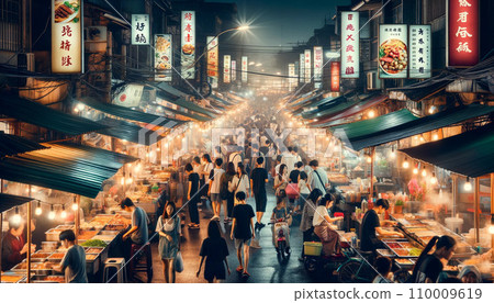 熱鬧的街頭美食市場,晚上有不同的攤位,提供各種美食 熱鬧的街頭美食市場,晚上有不同的攤位,提供各種美食 110009619