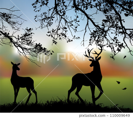 Silhouette of deer in the grass by the oaks. Vector drawing 110009649