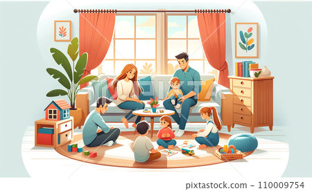 Warm scenes of families enjoying themselves at home, depicting interactions and activities between parents and children in the living room. 110009754