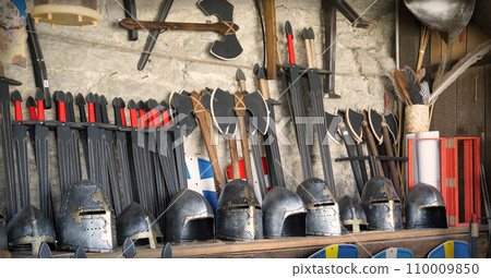 Rack with helmets, shields and swords Rack with helmets, shields and swords 110009850