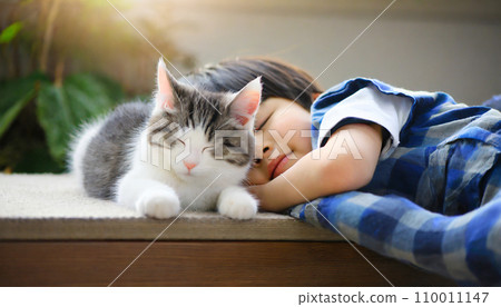 Child sleeping with cat (AI generated image) Child sleeping with cat (AI generated image) 110011147