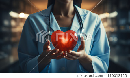 Doctor hands holding a read heart shape. Love, health care, organ donation, mindfulness, insurance, and CSR. World heart day, World metal health day, World health day Concept. Generative Ai. 110012123