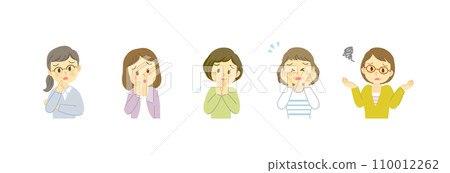 適合 50 多歲女性的圖標集，帶有適合對話氣泡的負面表情 / 橫向設計 / 無主線 / 全彩 110012262