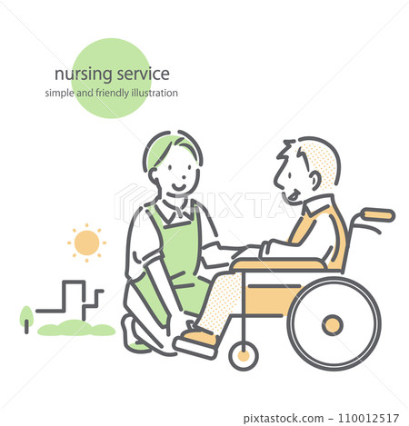 一幅簡單時尚的線條畫插圖，描繪了一位男性護理人員與一位坐在輪椅上的老人交談 110012517