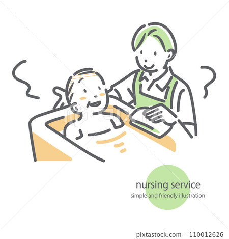 一幅簡單時尚的線條畫插圖，描繪了一位男性護理人員為一位老人提供沐浴護理。 110012626