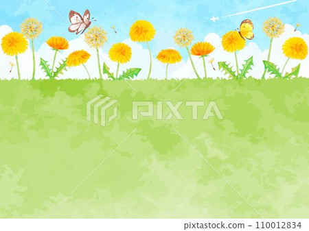 Landscape with blue sky, meadow, and blooming dandelions 110012834