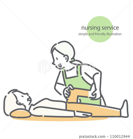 一幅簡單而時尚的線條畫插圖，描繪了一名高級女性從女性工作人員那裡接受康復治療的情況。 110012944