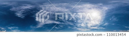 Blue summer sky panorama with light Cirrus clouds. HDR 360 seamless spherical panorama. Full zenith or sky dome for 3D visualization, sky replacement for aerial drone panoramas. 110013454