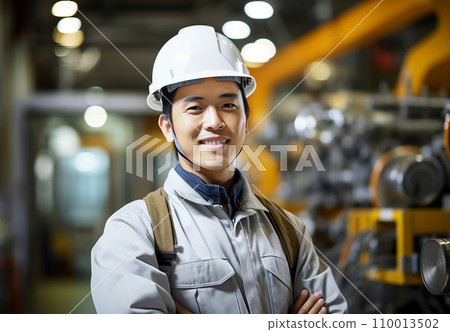 戴安全帽和工作服的亞洲男子在工廠/倉庫工作 110013502