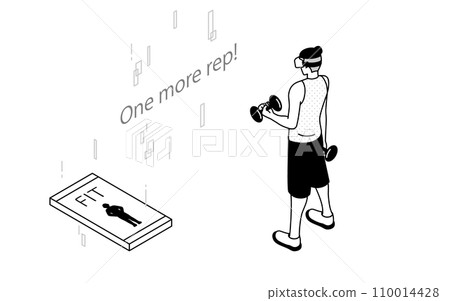 VR fitness, man training with dumbbells wearing VR goggles 110014428