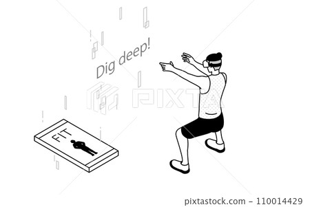 VR fitness, training with VR goggles, man doing squats 110014429