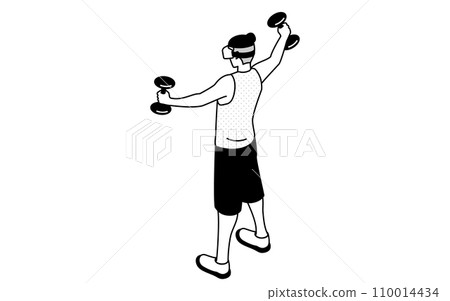 VR fitness, man training with dumbbells wearing VR goggles 110014434