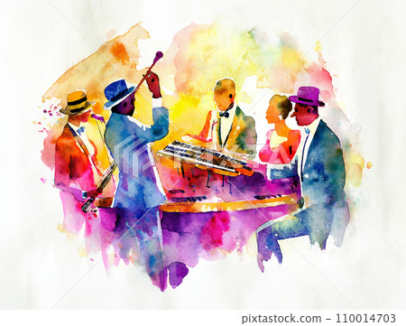 Watercolor painting of a jazz band with beautiful blur Illustrations AI generated image 110014703