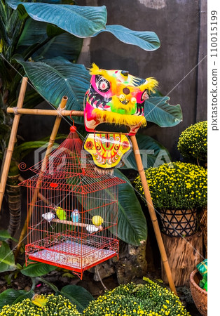 cage with parrots and dragon head with decor as symbol of wealth in the market for Tet Lunar New Year 110015199