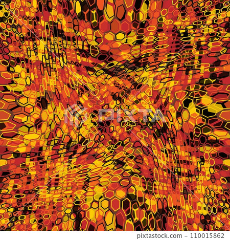 Orange and red halftones hexagon snake skin. Seamless geometric vector texture 110015862
