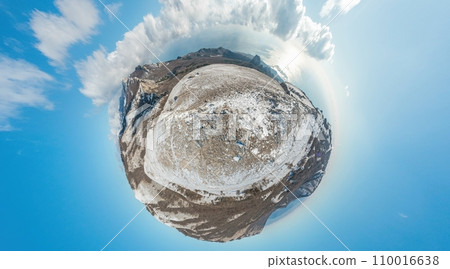 Winter snow mountain panorama. 360 little planet panorama aerial view above sea and snow covered frozen mountains with deep blue sky and a beautiful radiant sun. Cold weather and climate change Winter snow mountain panorama. 360 little planet panorama aerial view above sea and snow covered frozen mountains with deep blue sky and a beautiful radiant sun. Cold weather and climate change 110016638