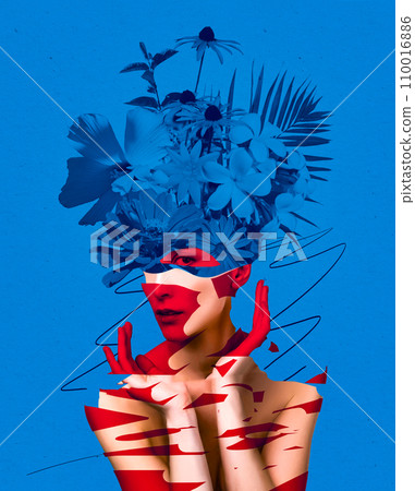 Abstract contemporary art design or portrait of young woman with flowers on face hides her eyes 110016886