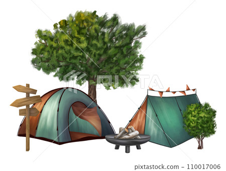 Camping with a tent and a campfire. Summer holidays at the camp. Forest landscape with hiking equipment, active entertainment. Outdoor adventures, hiking, picnic holidays. Isolated illustration Camping with a tent and a campfire. Summer holidays at the camp. Forest landscape with hiking equipment, active entertainment. Outdoor adventures, hiking, picnic holidays. Isolated illustration 110017006