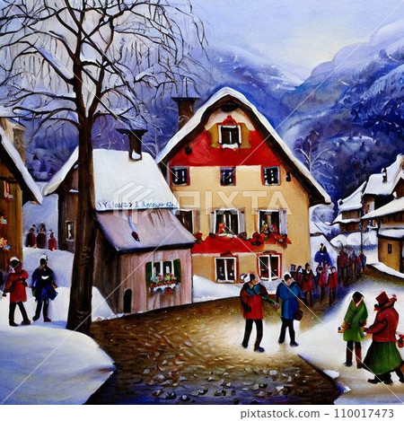 German village winter scene 110017473