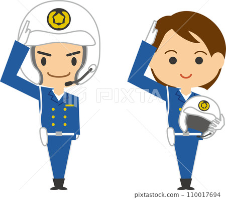 敬禮的摩托車警察形象插畫（男女套裝） 110017694