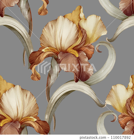 Wallpaper with irises. Seamless pattern with garden flowers. 110017892