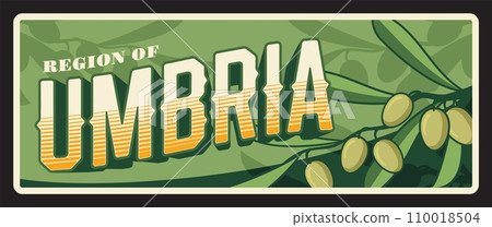 Umbria Italian province vintage plate and sticker, vector tin sign. Italy cities entry sing or car number plate. Lake Trasimeno and Marmore Falls signboard, tourist destination 110018504