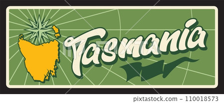 Tasmania Australian island and state vintage travel plate. Vector map of Tasmania island, crown, antique wind rose. Tasmania island state of Australia, map territory and rose of wind, tourist plaque Tasmania Australian island and state vintage travel plate. Vector map of Tasmania island, crown, antique wind rose. Tasmania island state of Australia, map territory and rose of wind, tourist plaque 110018573