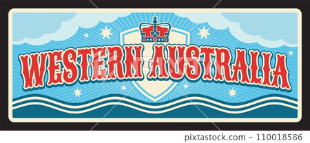 Western Australia metal plaque with royal crown, Australian states vintage plate. Vector tropical island, palm and sun, glacier and coat of arms crown, tin sign. Australia travel destination plaque Western Australia metal plaque with royal crown, Australian states vintage plate. Vector tropical island, palm and sun, glacier and coat of arms crown, tin sign. Australia travel destination plaque 110018586