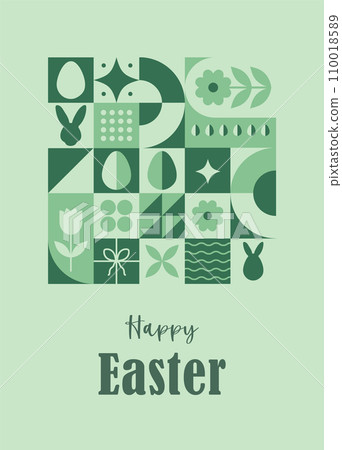 Happy Easter greeting card. Neo geometric background. Vertical flyer, postcard, header for website. Pattern with green simple shapes, bunny and eggs. Vector illustration in bauhaus minimalist style 110018589
