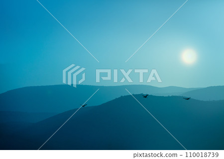 Silhouette of mountains against the sunset sky. Birds (Common crane) against the background of the mountains in the evening. The Hula Valley in northern Israel at sunset 110018739