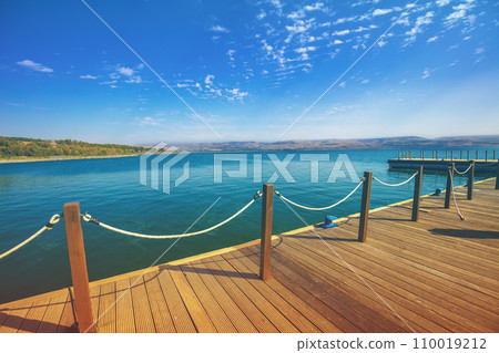 Wooden pier in the sea.  Sea of Galilee, Capernaum, Northern Israel 110019212