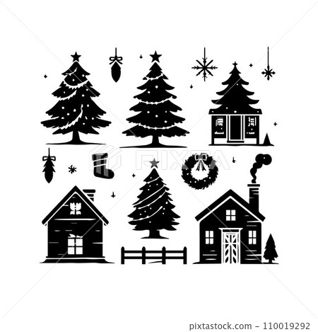 Silhouette Solid Vector Icon Set Of Christmas Tree, Yule tree, Fir tree, Tannenbaum, Evergreen, Conifer, Pine tree, Holiday tree, Festive tree, Decorated tree, Seasonal tree. 110019292
