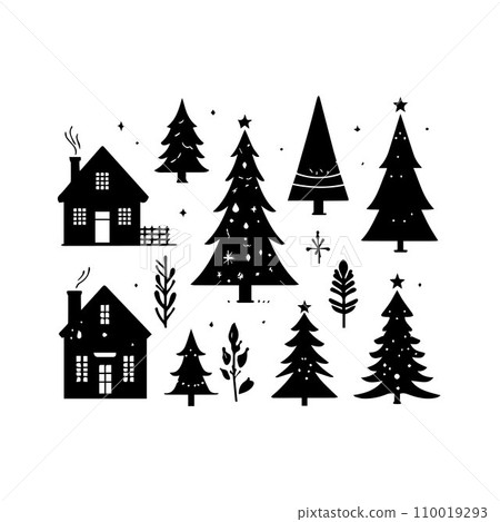 Silhouette Solid Vector Icon Set Of Christmas Tree, Yule tree, Fir tree, Tannenbaum, Evergreen, Conifer, Pine tree, Holiday tree, Festive tree, Decorated tree, Seasonal tree. Silhouette Solid Vector Icon Set Of Christmas Tree, Yule tree, Fir tree, Tannenbaum, Evergreen, Conifer, Pine tree, Holiday tree, Festive tree, Decorated tree, Seasonal tree. 110019293