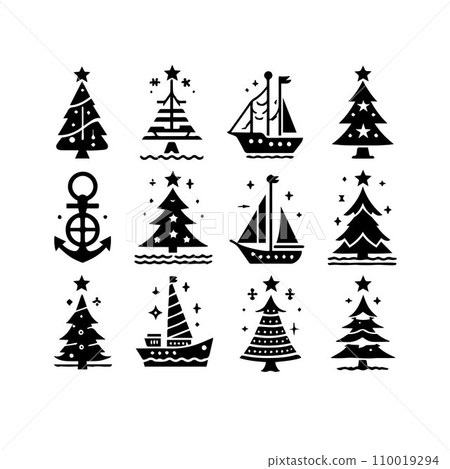 Silhouette Solid Vector Icon Set Of Christmas Tree, Yule tree, Fir tree, Tannenbaum, Evergreen, Conifer, Pine tree, Holiday tree, Festive tree, Decorated tree, Seasonal tree. Silhouette Solid Vector Icon Set Of Christmas Tree, Yule tree, Fir tree, Tannenbaum, Evergreen, Conifer, Pine tree, Holiday tree, Festive tree, Decorated tree, Seasonal tree. 110019294