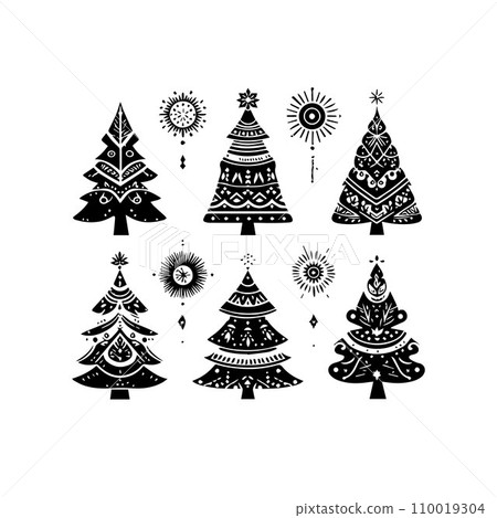 Silhouette Solid Vector Icon Set Of Christmas Tree, Yule tree, Fir tree, Tannenbaum, Evergreen, Conifer, Pine tree, Holiday tree, Festive tree, Decorated tree, Seasonal tree. Silhouette Solid Vector Icon Set Of Christmas Tree, Yule tree, Fir tree, Tannenbaum, Evergreen, Conifer, Pine tree, Holiday tree, Festive tree, Decorated tree, Seasonal tree. 110019304