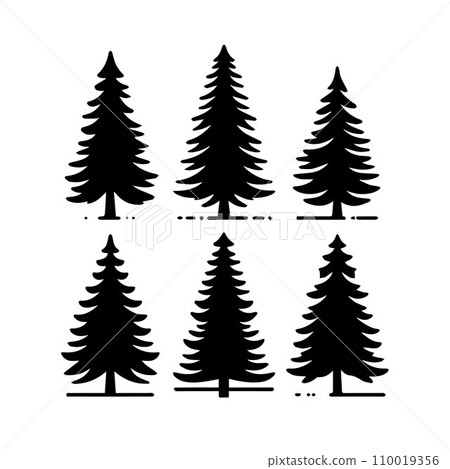 Silhouette Solid Vector Icon Set Of Christmas Tree, Yule tree, Fir tree, Tannenbaum, Evergreen, Conifer, Pine tree, Holiday tree, Festive tree, Decorated tree, Seasonal tree. 110019356