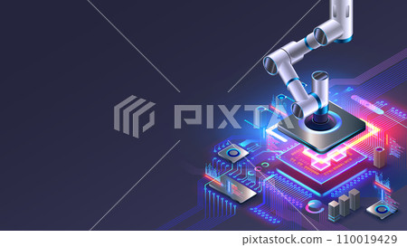 Industrial robot manipulator places electronic components on electronic circuit board on production assembly line. Robot hand holds chip above PCB. AI Automated robotics factory of electronic industry Industrial robot manipulator places electronic components on electronic circuit board on production assembly line. Robot hand holds chip above PCB. AI Automated robotics factory of electronic industry 110019429