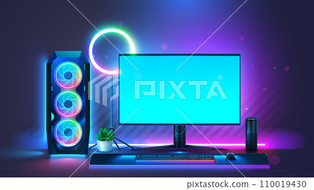 Powerful PC or gaming desktop computer. Gaming computer on table front view. Gaming desktop computer with neon led light of PC. Mock up of empty screen of gaming computer for video games. Workplace. Powerful PC or gaming desktop computer. Gaming computer on table front view. Gaming desktop computer with neon led light of PC. Mock up of empty screen of gaming computer for video games. Workplace. 110019430