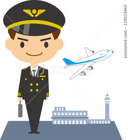 Image illustration of a smiling pilot and an airport 110019465