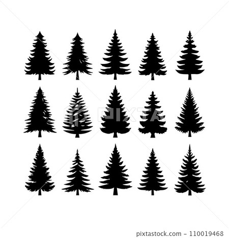 Silhouette Solid Vector Icon Set Of Christmas Tree, Yule tree, Fir tree, Tannenbaum, Evergreen, Conifer, Pine tree, Holiday tree, Festive tree, Decorated tree, Seasonal tree. 110019468