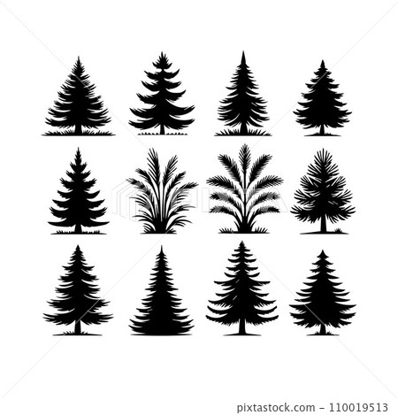 Silhouette Solid Vector Icon Set Of Christmas Tree, Yule tree, Fir tree, Tannenbaum, Evergreen, Conifer, Pine tree, Holiday tree, Festive tree, Decorated tree, Seasonal tree. 110019513
