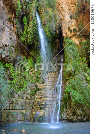 David Waterfall in rocks Ein Gedi. Israel 110019678