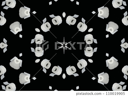 A collage of photographs of toilet paper arranged in a circle on a black background. Background image. Wallpaper. A collage of one photo repeated nine times in the GIMP photo editor. 110019905