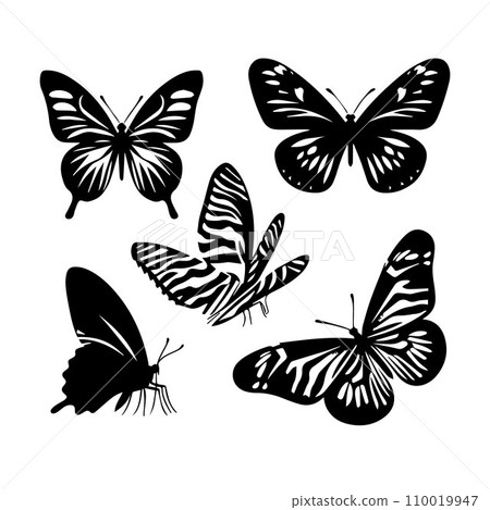 Silhouette Solid Vector Icon Set Of butterflies, Moth, Lepidopteran, Insect, Papillon 110019947