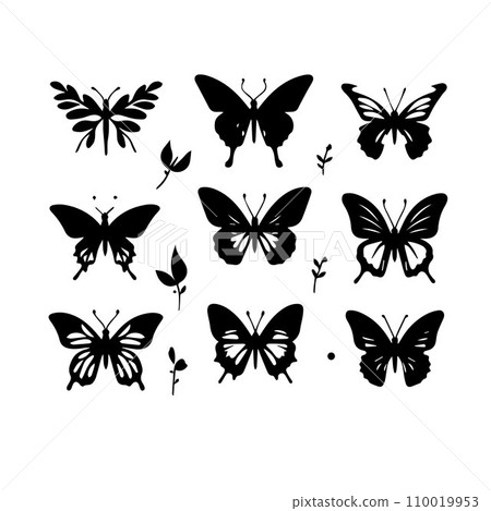 Silhouette Solid Vector Icon Set Of butterflies, Moth, Lepidopteran, Insect, Papillon 110019953