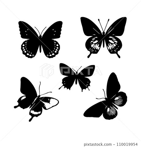 Silhouette Solid Vector Icon Set Of butterflies, Moth, Lepidopteran, Insect, Papillon 110019954