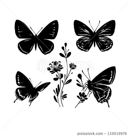 Silhouette Solid Vector Icon Set Of butterflies, Moth, Lepidopteran, Insect, Papillon 110019976