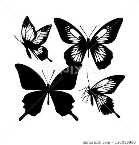 Silhouette Solid Vector Icon Set Of butterflies, Moth, Lepidopteran, Insect, Papillon 110019980