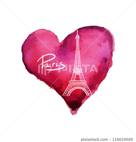 Watercolor heart with Eiffel Tower. hand drawing. Not AI, Vector illustration 110020089
