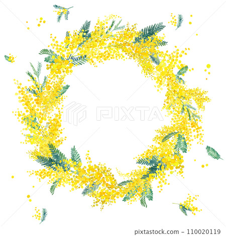 Circular decorative frame with mimosa watercolor illustration. Image background of "International Women's Day". Circular decorative frame with mimosa watercolor illustration. Image background of "International Women's Day". 110020119